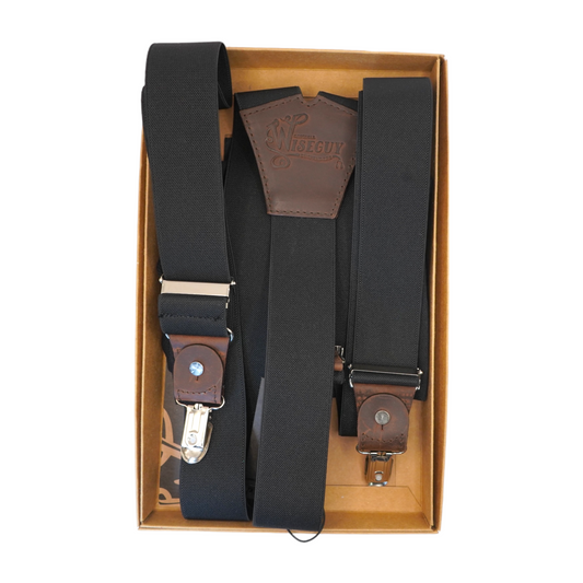 Soul Black Wide Suspenders - Solid Black Elastic with Dark Brown Leather, 1.36" Wide