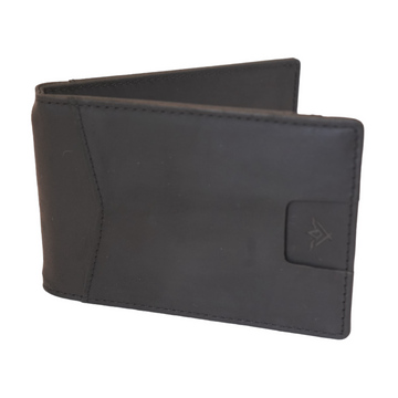 Black Bi-Fold Leather Wallet with Multiple Card Pockets & Center Money Clip