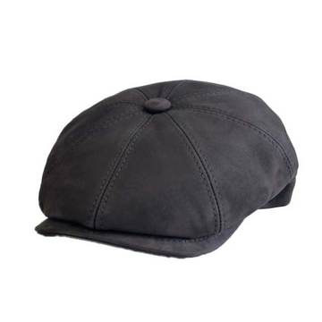 The Smokin' Gentleman black leather Gadsby newsboy cap with a structured silhouette and premium handcrafted finish.