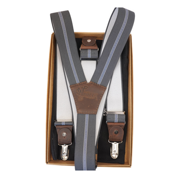 The Don Wide Striped Gray Suspenders - Dark Brown Leather & Silver Metal, 1.36" Wide