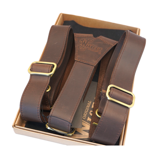 Billy the Kid Wide Suspenders - Dark Brown Leather with Adjustable Sliders & Stitched Edges, 1.36" Wide