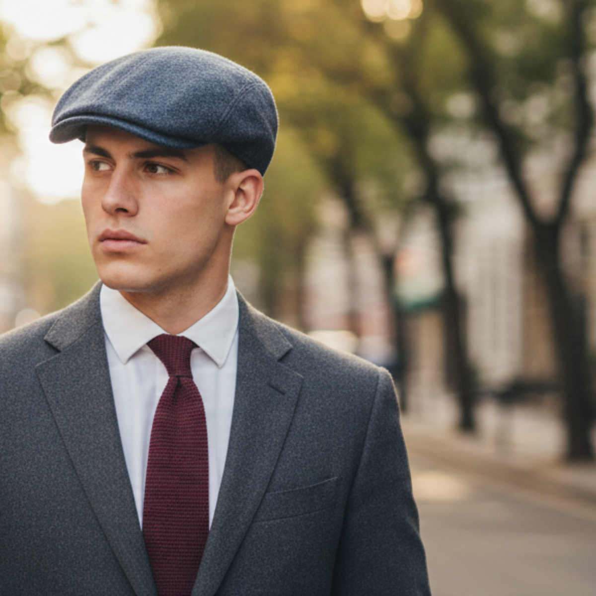 The Smokin' Gentleman navy Shetland wool ivy cap worn by a man in a suit on a city street