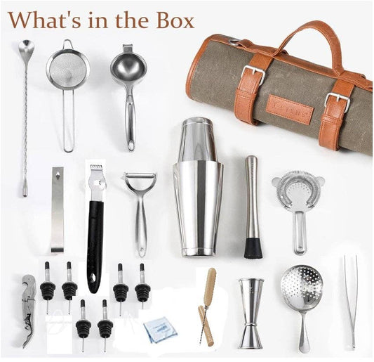 Portable bartender bag with 24 piece stainless steel accessories