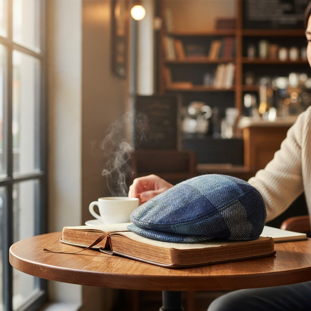 The Smokin' Gentleman blue plaid Shetland wool ivy cap resting on an open book at a cafe table.