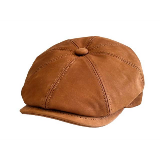 The Smokin' Gentleman cognac leather Gadsby newsboy cap with structured paneling and premium stitching.